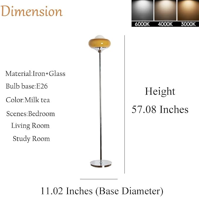 Mid-Century Modern Orange Floor Lamp,Bauhaus Style Mushroom Lamp for Reading,Tall Standing Lamp with Glass Lampshade for Living Room Bedroom and Office