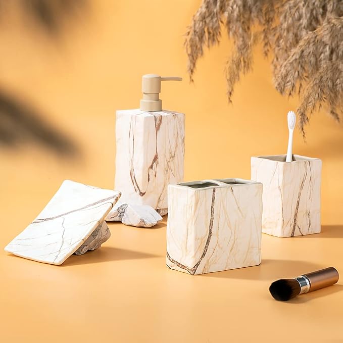 RQYIXI Bathroom Accessories Set 4 Pieces Toothbrush Holder Soap Dispenser Ceramic Bathroom Decor Set Contain Toothbrush Cup Soap Dish Tumbler Marble Brown