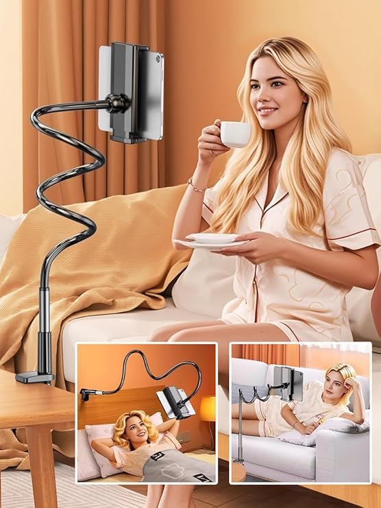 Skiennix Gooseneck Phone Holder - 360° Flexible Long Arm Stand for Bed & Desk | Universal Tablet Bracket (White)