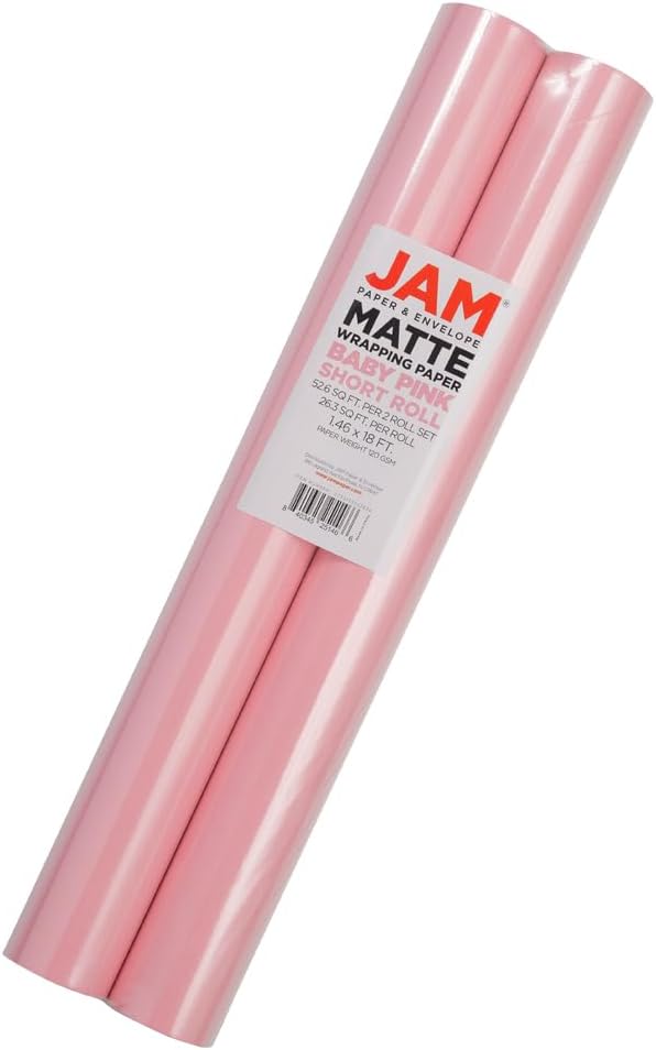 JAM Paper Gift Wrap - Matte Wrapping Paper - 52.6 Sq Ft Total (17 in x 18 Ft Each) - Matte Light Baby Pink - 2 Rolls/Pack