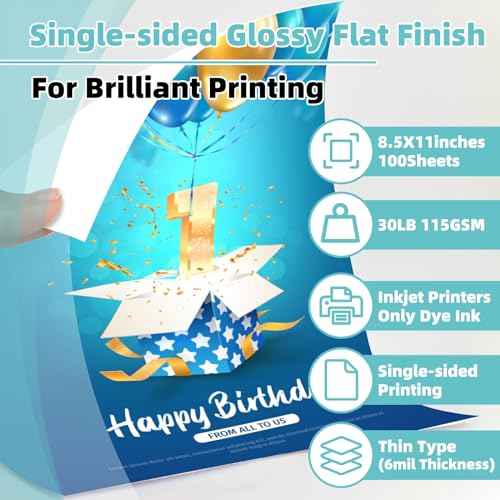Glossy Thin Printer Paper 8.5x11 Inches 100 Sheets for DIY Chip Bag and Custom Party Favors 30LB