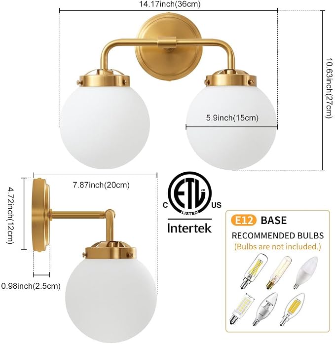 Bathroom Vanity Light Fixtures Over Mirror, Modern Brass Gold 2 Lights Wall Sconce Lighting with Milky Glass Ball Shades, Mid Century Farmhouse Bathroom Lighting