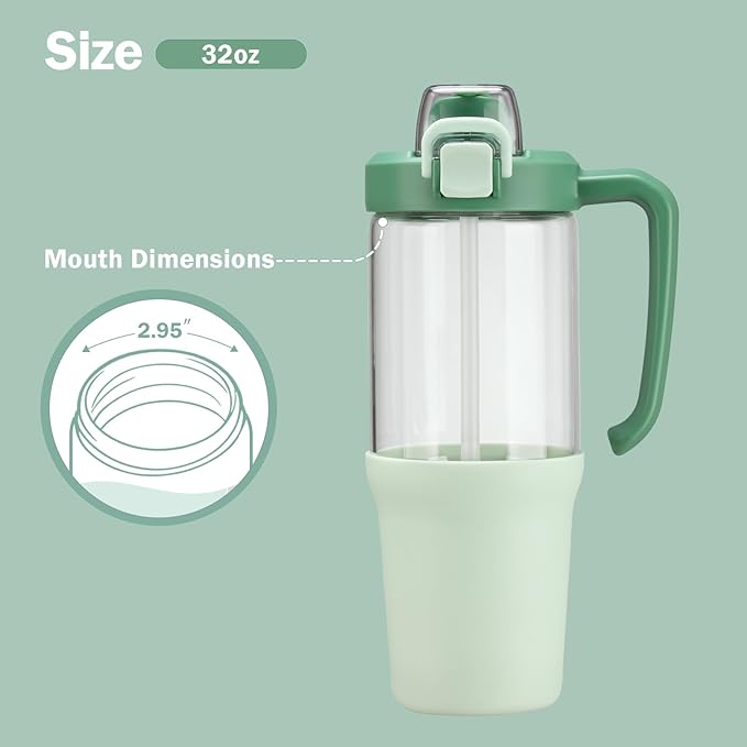 32oz Glass Water Bottle, 2-in-1 Straw and Sip Spout Lid, Leakproof Wide Mouth Tumbler with Handle, BPA-Free Reusable Bottle for Sports, Office, Outdoor, Light Green