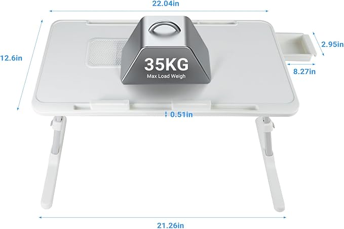 iXTRA Laptop Lap Desk with Cooling Fan - Adjustable with Light, USB, Storage Drawer - Folding Bed Desk,22.04"*12.59",White
