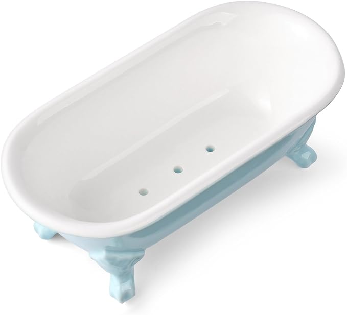 6.5" Ceramic Mini Decorative Clawfoot Bathtub Bar Soap Dish, Kitchen Sponge Holder and Shower Tray for Bathroom, 1 Pack(Baby Blue)