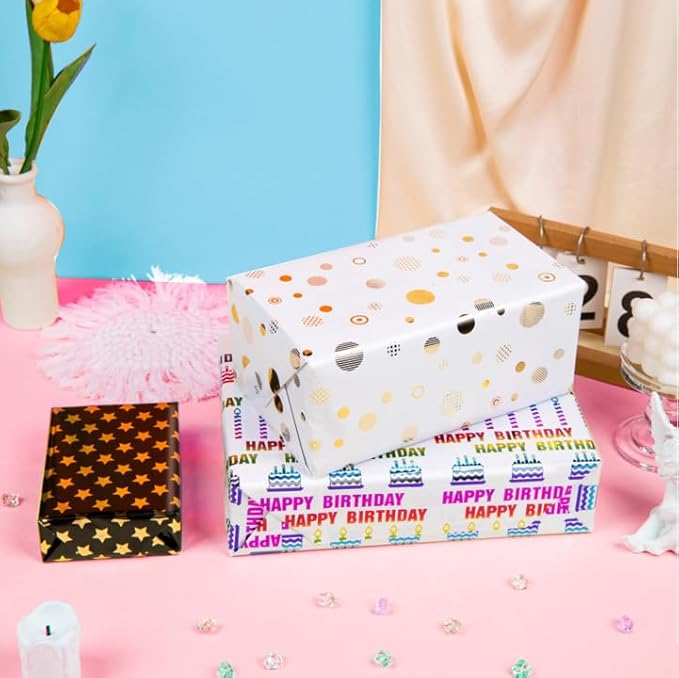 Linnoptimix Birthday Wrapping Paper Rolls -3 LARGE ROLL-27inch*78 inch per roll Colorful Foil White Black wrapping paper(Birthday 1 White/Gold&1 Black/Gold &1White/Colorful Foil（013）)