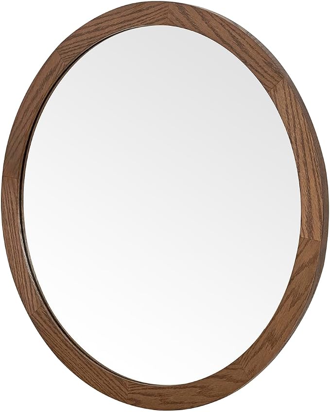 ARIEL Round Wooden Mirror 30" in Brown Oak, Wood Circle Wall Mirror for Bathroom, Vanity, Entryway & Living Room Decor, Farmhouse Style