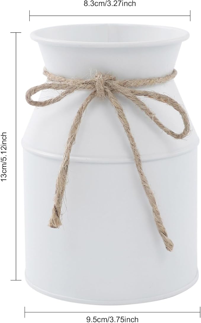 Flower Vase Decor, Farmhouse Metal Galvanized Milk Can Jug Vase with Bow, Flower Buckets for Artificial Flowers for Table Centerpiece Weddings(White)
