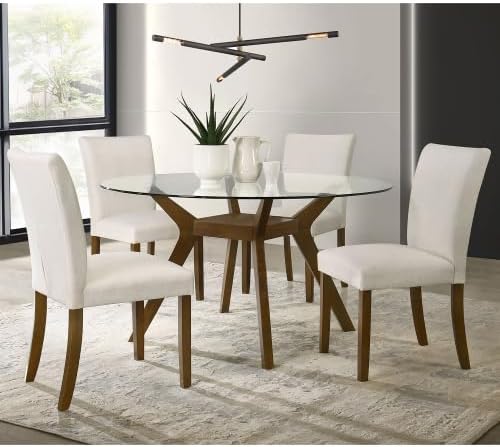 Round Glass Top Dining Table, Mid-Century Modern Style with Walnut Wood Base, Seats 4 People, Ideal for Small Dining Spaces