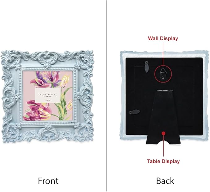 Laura Ashley 4x4 Ornate Textured Hand-Crafted Resin Picture Frame with Easel & Hook for Tabletop & Wall Display, Decorative Floral Design Home Décor, Photo Gallery, Art, More (4x4 Powder Blue)
