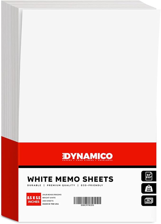 White Memo Sheets Paper – Perfect for Quick Notes, To-Do Lists & Reminders for School, Office, Business | 8.5 x 5.5 inches (Half-Letter) | Regular 24lb Bond / 60lb Text / 90gsm Paper | 250 per Pack