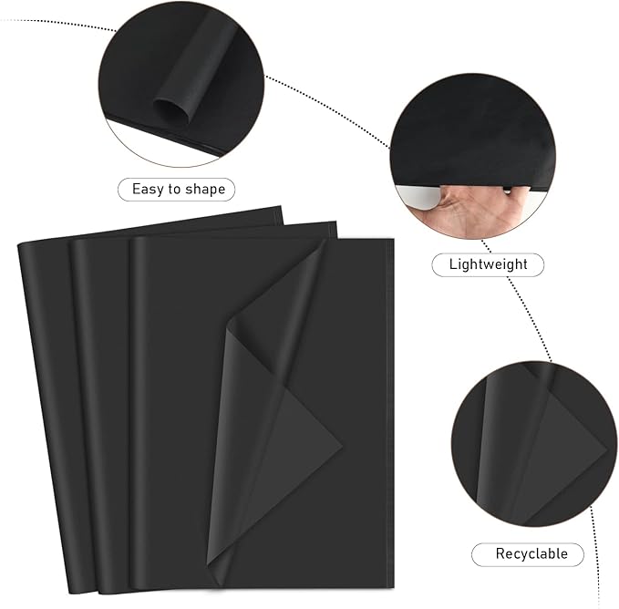 NEBURORA 120 Black Tissue Paper Sheets - 14 x 20 Inches, Gift Bags, Packaging, Floral Filler, Crafts, Birthday, Christmas, Halloween Decor