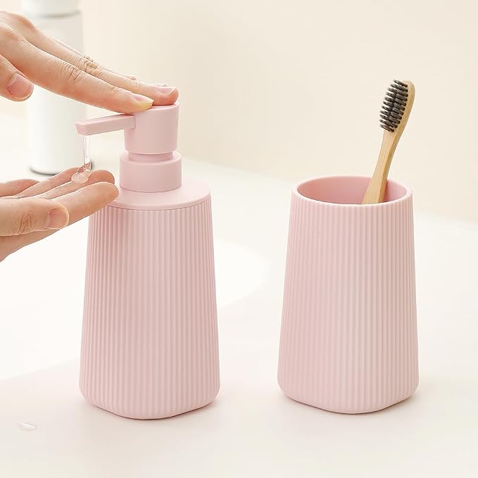 YAUKPH Bathroom Accessories Set 2 Piece Soap Dispenser and Toothbrush Holder for Bathroom Countertop Striped Pink