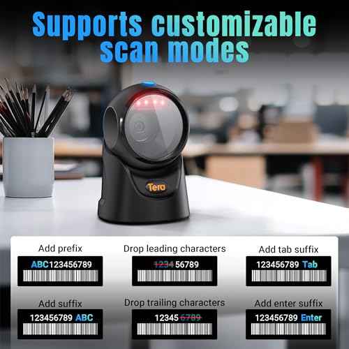 Tera Barcode Scanner Handsfree Omnidirectional: Desktop 1D 2D QR USB Wired Adjustable Angle Plug and Play Bar Code Reader for POS Supermarket Retail Store Mobile Payment Model 9700