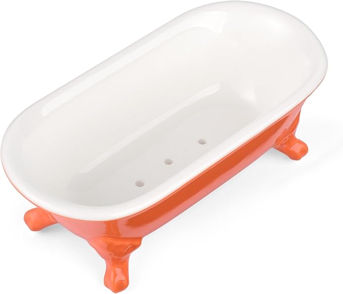 6.5" Ceramic Mini Decorative Clawfoot Bathtub Bar Soap Dish, Kitchen Sponge Holder and Shower Tray for Bathroom, 1 Pack(Dark Orange)