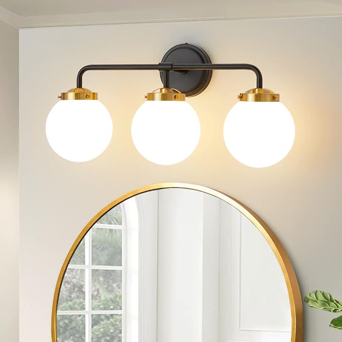 Black Gold Bathroom Light Fixtures Over Mirror, 22.4'' Modern Vanity Lighting with White Glass Globe Shade 3-Light Farmhouse Wall Sconce