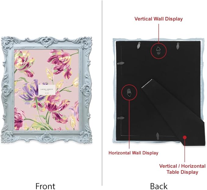 Laura Ashley 8x10 Powder Blue Ornate Textured Hand-Crafted Resin Picture Frame w/Easel & Hook for Tabletop & Wall Display, Decorative Floral Design Home Décor, Photo Gallery, Art (8x10, Powder Blue)