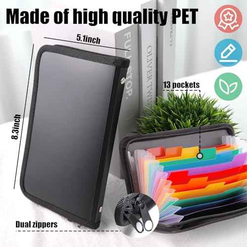 Koogel Expanding File Folder, 13 Pockets Small Accordion File Holder Organizer with Labels for Receipt Cards, Document, Zipper Closure, Bill Business, Coupons Storage, Classroom, 8.3X5.1 Inches, Black