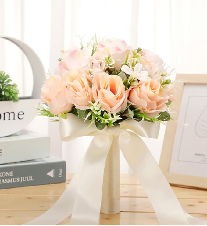 CYANLUX Wedding Bouquets for Bride Bridesmaid Bouquet Champagne White Artificial Roses Flowers for Wedding Valentine's Day Church Home Decoration (Champagne)…