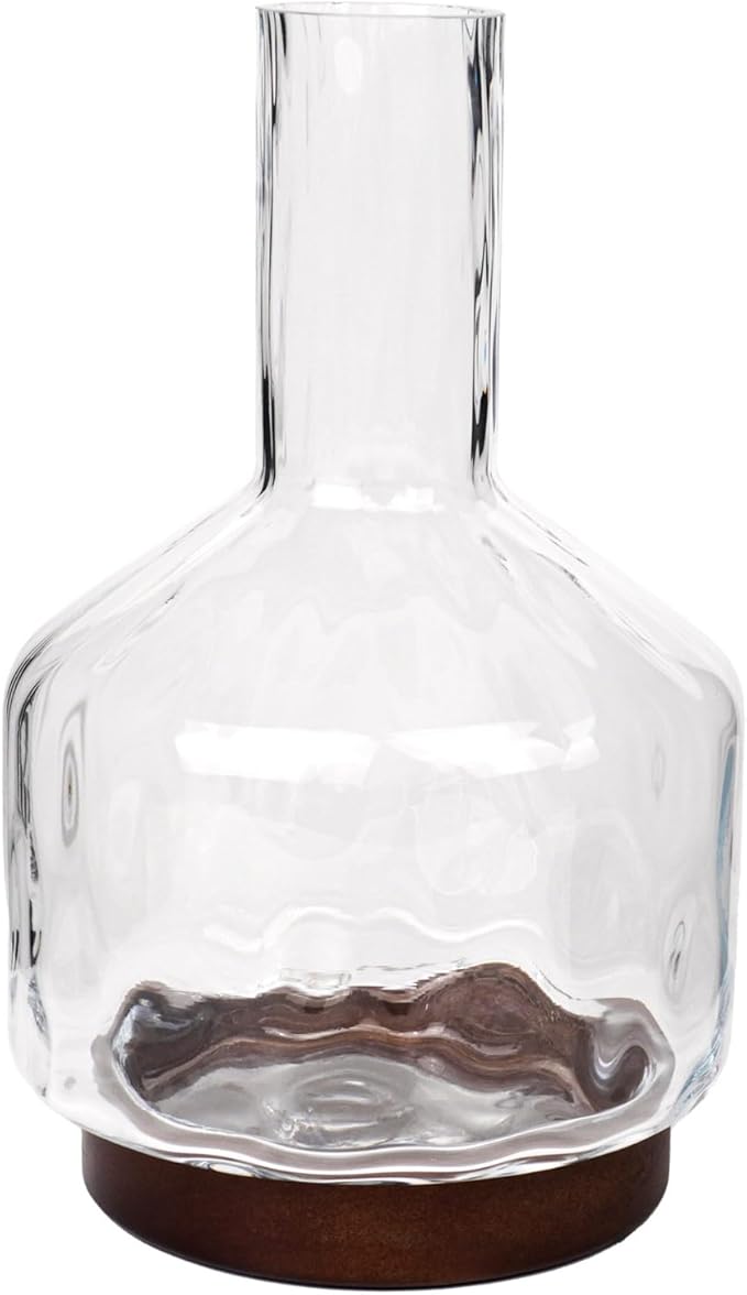 Decorative Glass Vase with Wooden Base, Modern Design for Fresh Flowers, Home and Office Decor