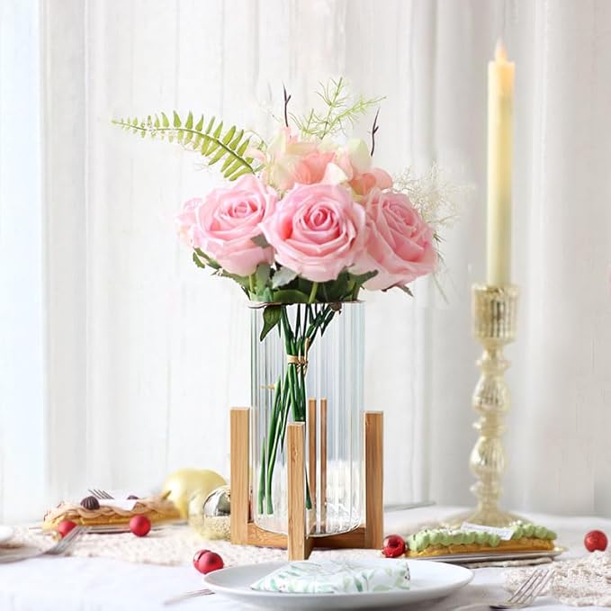 Glass Cylinder Vase with Wood Base,Bud Vase for Centerpieces,8 Inches Clear Ribbed Flower Vase,Tall Glass vase Hurricane Candle Holder,Wooden Vase Decorative for Home Decor,Wedding,Housewarming Gift