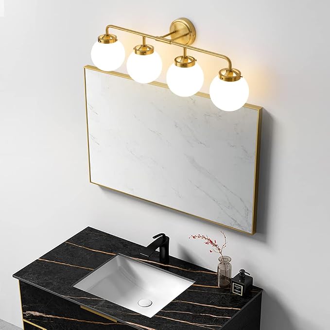 Bathroom Light Fixtures Gold Vanity Lights Over Mirror, Modern Wall Sconce Lighting 4-Light with White Glass Globe Shade