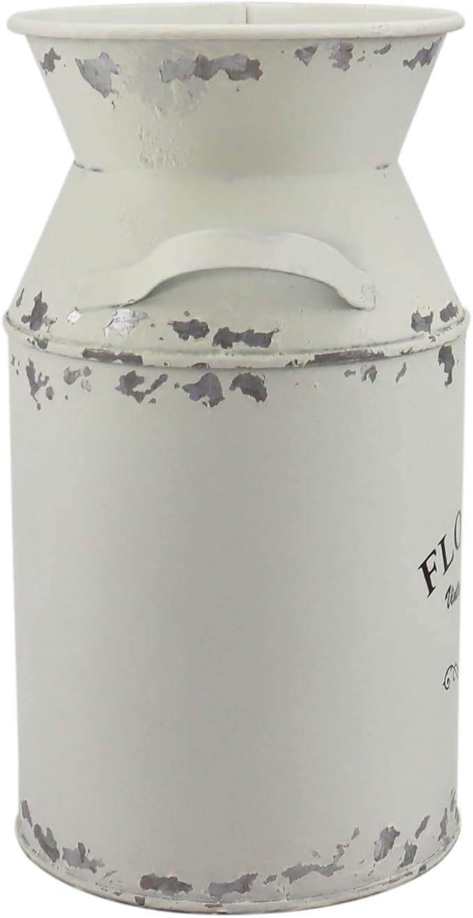 Galvanized White Milk Can Antique Retro Vase Metal Planter Rustic Vintage Primitive Flower Holder Farmhouse Country Plant for Home Office Decor, 7.5”