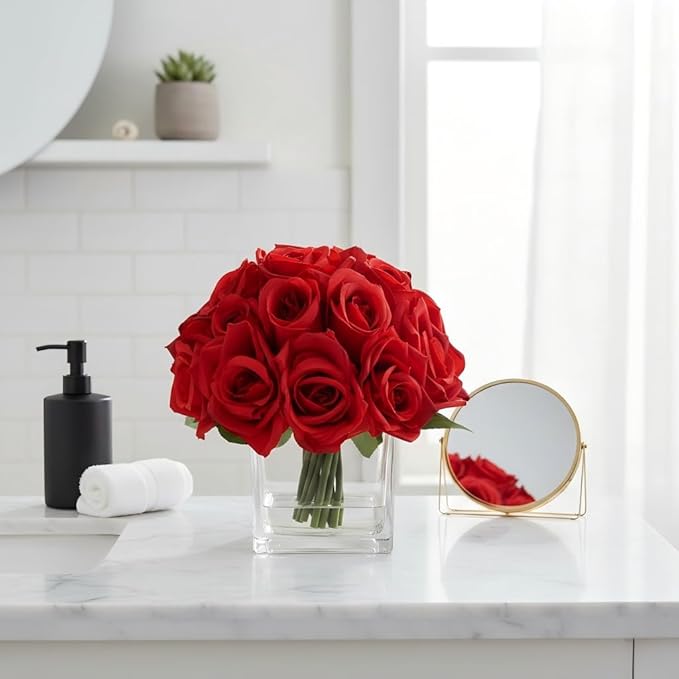 18 Heads Red Rose Fake Flowers in Vase with Fake Water, Silk Rose with Vase for Dining Table Bedroom Wedding Decor (Red)