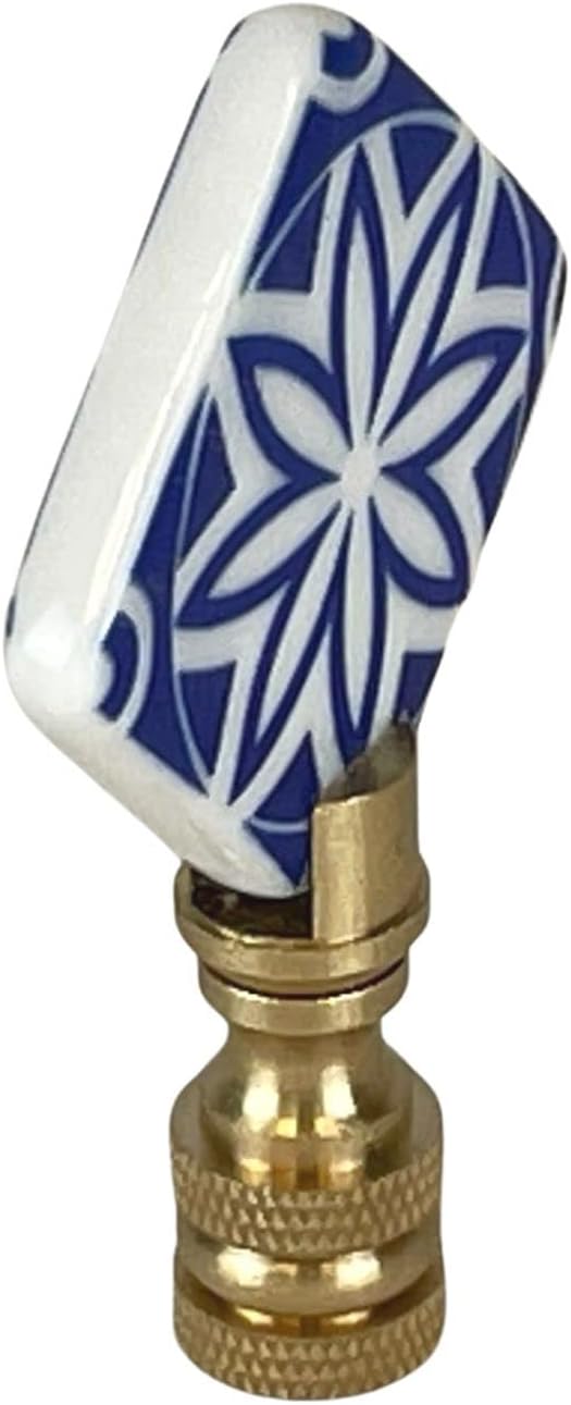 Royal Designs, Inc. Blue & White Porcelain Mandala Flower Design Finial for Lamp Shade, Polished Brass
