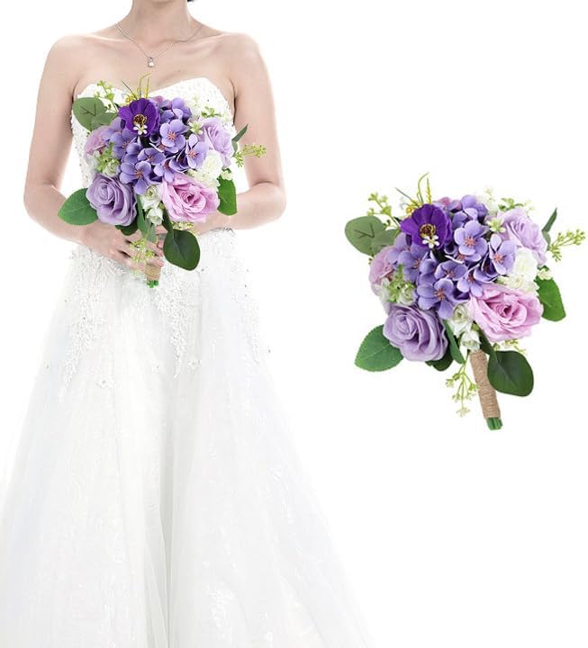 Bridesmaid Bouquets for Wedding - 7 Inch Artificial Flowers Bouquets for Ceremony Anniversary Centerpieces Decorations - Lilac & White