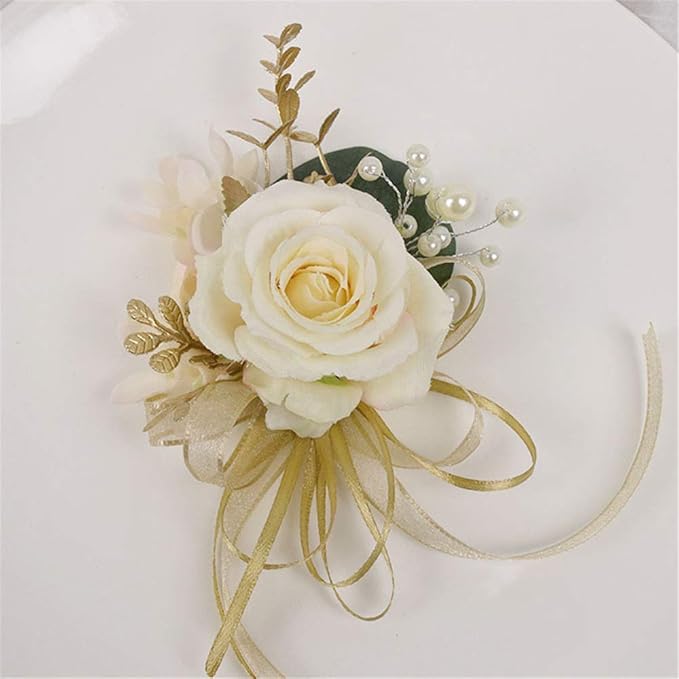 USIX 2pc Pack-Handmade Men's Lapel Pin Champagne Ivory Rose with Gold Leaves Ribbons Artificial Pearls Boutonniere Pin for Suit Wedding Groom Groomsmen Brooch Rose Boutonniere (Boutonniere)