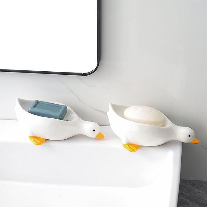 1 Pack Duck Ceramic Soap Dishes,Soap Holder with Drain,Soap Dish Container,Dish Soap Tray,Sponge Holder,Soap Tray for Shower,Bathroom,Bar,Kitchen,Counter (Duck), White