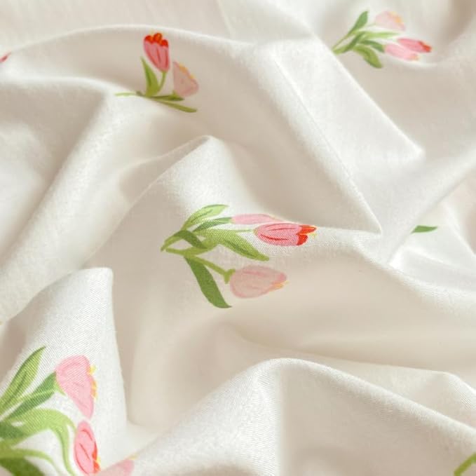 Nayoroom Pink Floral Duvet Cover Queen Size Coquette Tulip Printed on White Reversible Comforter Cover 3 Pcs Girls Cottagecore Bedding Set with Pillow Sham Soft Lightweight Microfiber