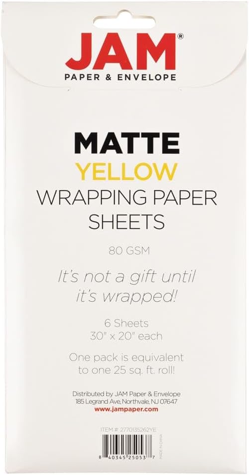 JAM Paper Gift Wrap - Matte Wrapping Paper Sheets - 30" x 20" Per Sheet (25 Sq Ft Total) - Matte Yellow - 6 Sheets/Pack