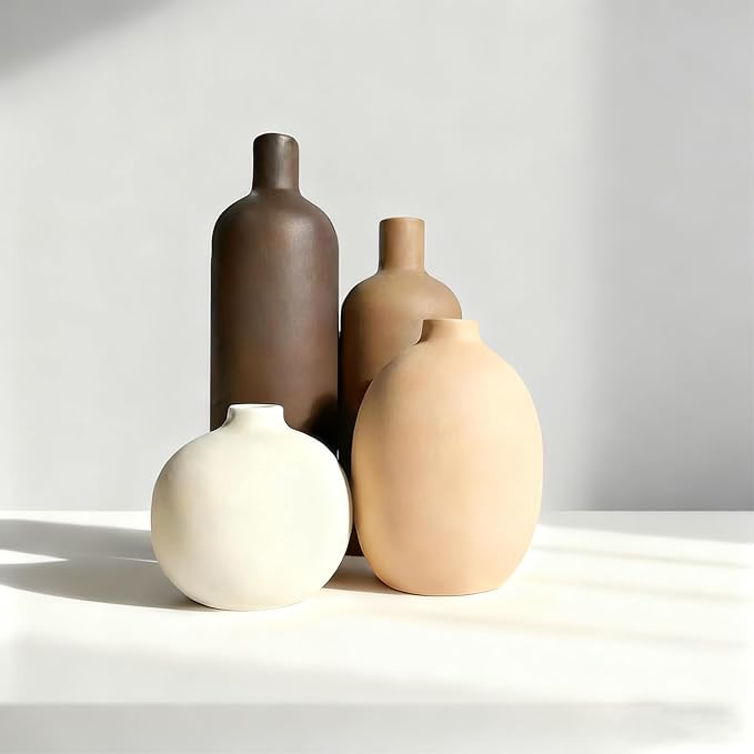 Modern Ceramic Vase Set – 4 Piece Rustic Decorative Vases for Boho Living Room Centerpieces, Entryway Decorations, Coffee Table, Bookshelf, Fireplace Mantel