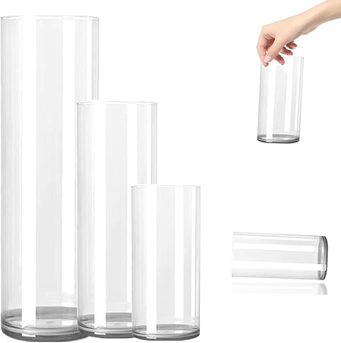 3 Large Acrylic Clear Cylinder Vase Set, 16" 12'' 8'' Tall Floor Large Flower Vase, Unbreakable Plastic Hurricane Vases, Different Size for Living Room, Desk, Wedding Centerpieces Flower Bouquet Décor