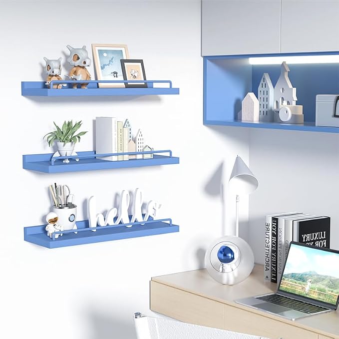 RYOFOBETTO Blue Floating Shelves, Room Decor Shelves,Pink Kawaii Room Decor Wall Shelves for Living Room, Bedroom, Picture Frames, Plants, Kitchen, Set of 3 (Blue)