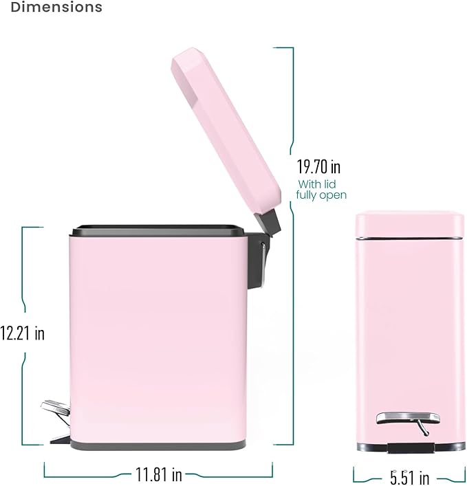 Home Zone Living 3-Pack 1.3 Gallon Small Pink Bathroom Trash Can with Lid and Step Pedal, Stainless Steel Wastebasket with Slim Design for Home and Office, 5 Liters