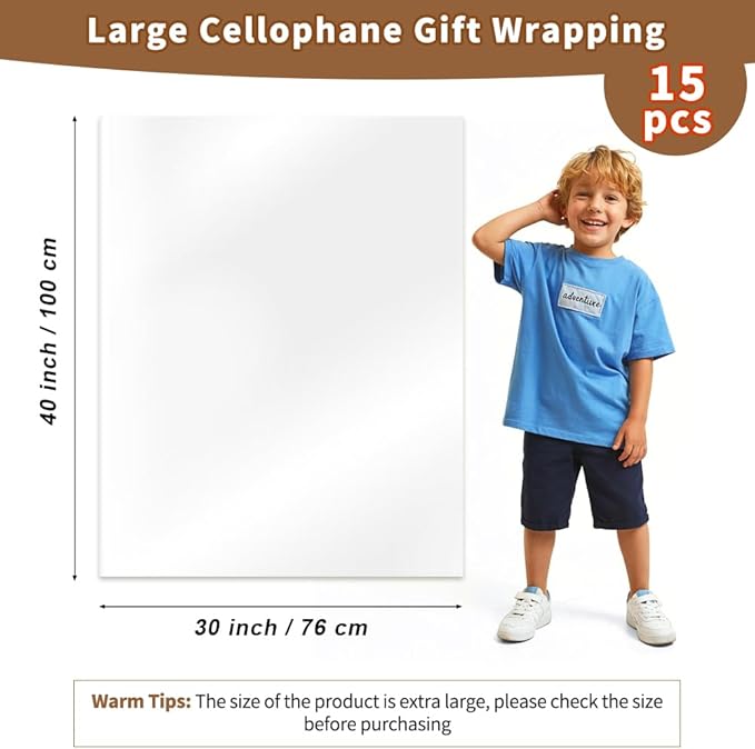 STPIYFZU 15PCS Large Cellophane Bags 30x40 Inch Christmas Clear Cellophane Wrap for Gift Baskets, 2.5 Mil Thick Clear Plastic Gift Bags for Christmas Birthday Baby Shower Wedding Raffles Party Favors