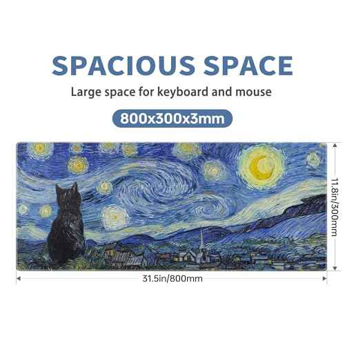 Starry Night Cat Gaming Mouse Pad Large Desk Mat Extended Keyboard Mouse Pad Anime Mousepad with Non-Slip Base and Stitched Edge Mouse Mat Desk Pad 31.5 x 11.8 Mouse Pads for Desk Home Office Gaming