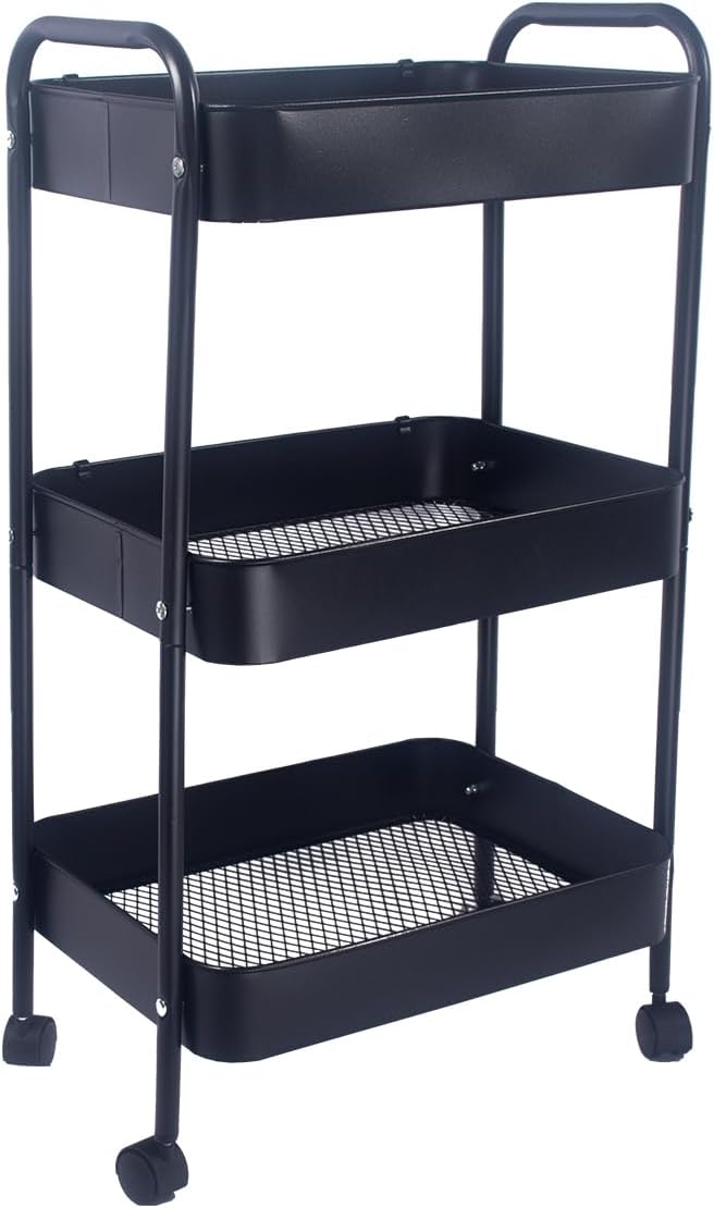 XIUSHE 3-Tier Rolling Metal Utility Cart - Sturdy Portable Organizer for Office, Kitchen, Bathroom | Black