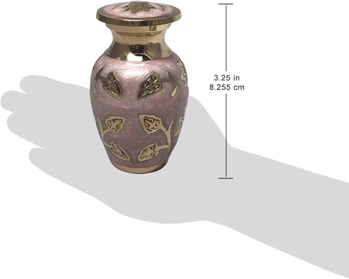 Pink Garden Brass Keepsake Cremation Urn | Unique Brass Funeral Urn with Gold & Pink Enamel Details | Keepsake