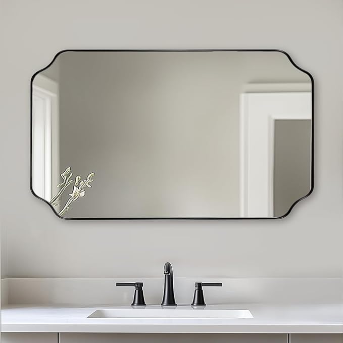ANDY STAR 30x48 Inch Large Mirror, Matte Black Rectangle Mirror for Wall, Bathroom Mirror in Premium Stainless Steel Metal Thin Frame Deep 1’’, Unique Scalloped Edge, Hangs Vertically/Horizontally
