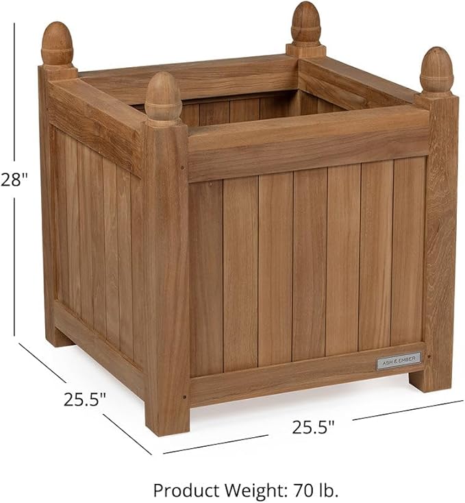 Ash & Ember Grade A Teak 25in Square Planter Box, Indoor Outdoor Large Cubed Flower Box, Weather Resistant Backyard Decor