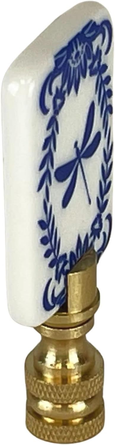 Royal Designs, Inc. Porcelain Dragonfly Finial for Lamp Shade, Polished Brass, Blue & White, Pack of 2