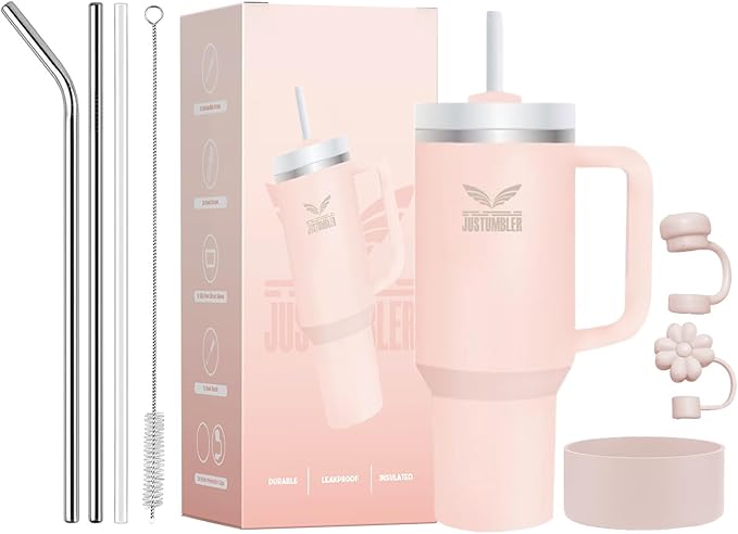 40 Oz Insulated Tumbler with Handle and Straw, Stainless Steel Coffee Travel Mug with Lid, Leak Proof Water Bottle with Accessories, Cream