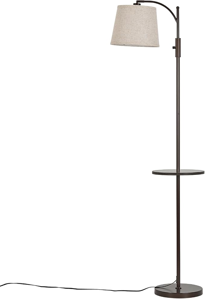AIDENOEY Fully Dimmable Floor Lamp for Living Room，Standing Lamp Rotary Switch with Table&Linen Beige Shade，Brown Tall Lamps for Bedroom with Adjust Head，9W LED Bulb Included