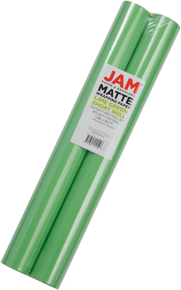 JAM Paper Gift Wrap - Matte Wrapping Paper - 52.6 Sq Ft Total (17 in x 18 Ft Each) - Matte Lime Green - 2 Rolls/Pack