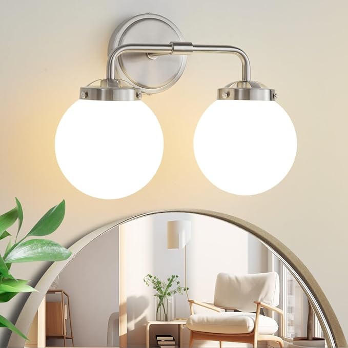Bathroom Light Fixtures Over Mirror, Brushed Nickel Modern Vanity Lighting with Milk White Glass Globe Shades 2-Light Farmhouse Wall Sconce