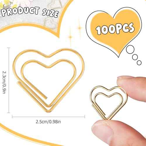 Cute Metal Heart Paper Clips: Love Shape Gold Binder Paperclips Mini Bookmark 100Pcs Document Note Sorting Organizer for Wedding Decorative Office Supplies